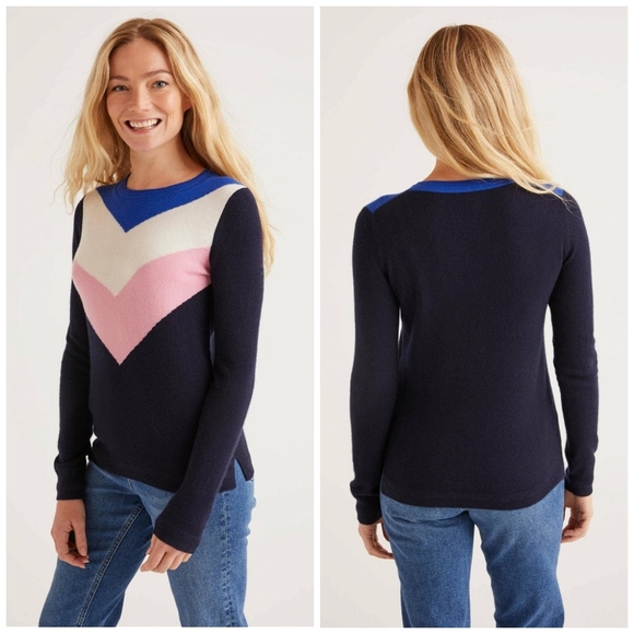 Boden Navy Chevron Cashmere Crew Neck Jumper Sweater - Picture 1 of 7